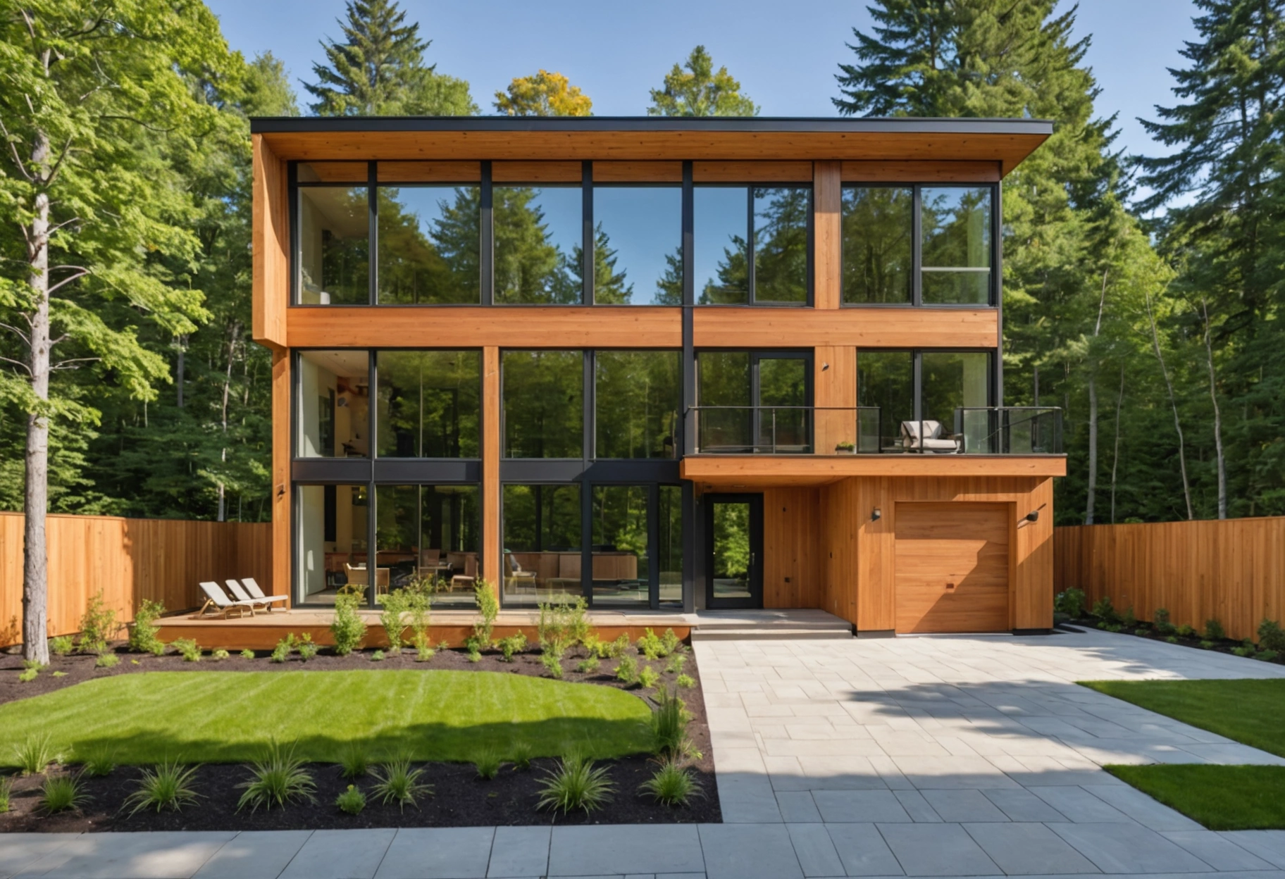 Sunlit modern home with floor-to-ceiling windows, sustainable flooring, landscaped yard, and happy family inside