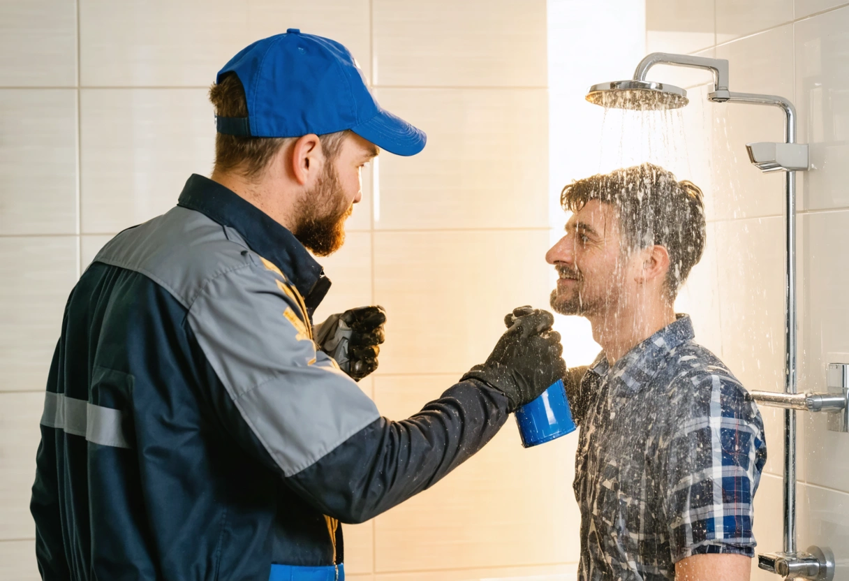 Technician in branded uniform inspecting shower with tools while relieved homeowner observes
