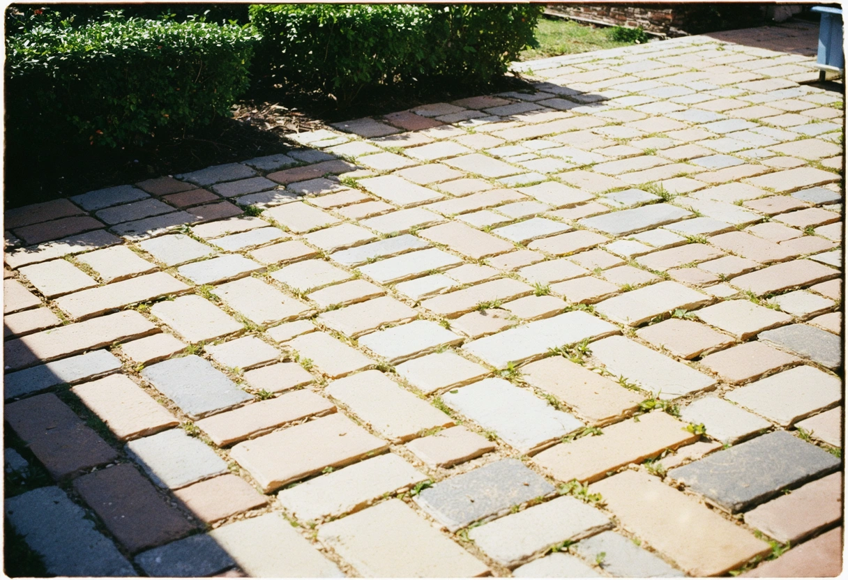 Freshly cleaned paver patio with no stains or weeds, surrounded by tidy landscaping on a sunny day