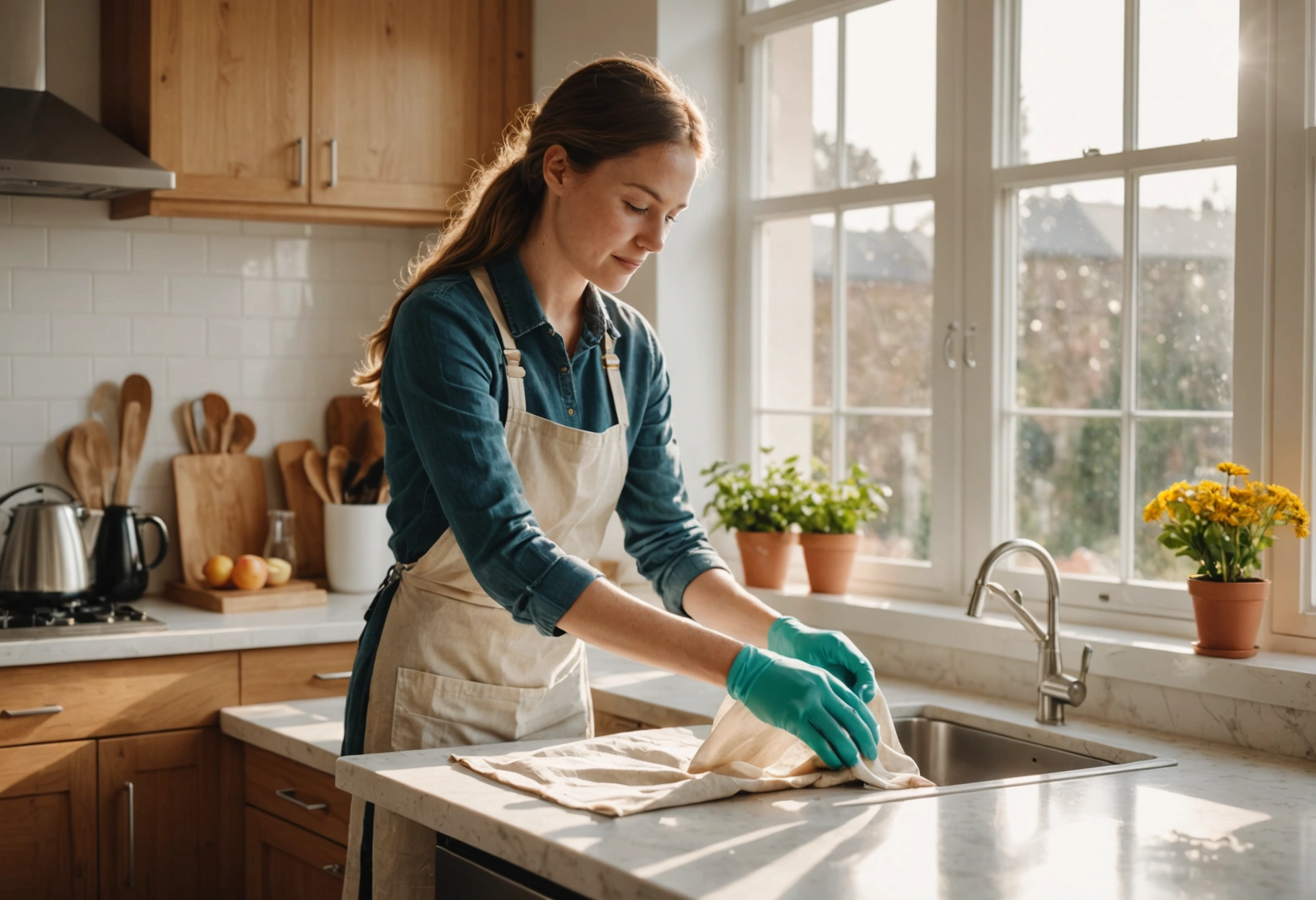 Person wiping kitchen spill with reusable cloth, natural cleaners visible, sunlight streaming through open windows