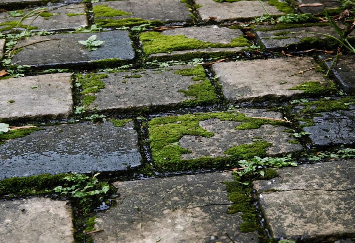 Neglected pavers with moss, weeds, oil stains, cracks, and uneven surfaces under overcast sky