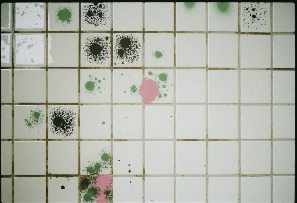 Shower tiles and grout with visible black, green, and pink mold in damp corners