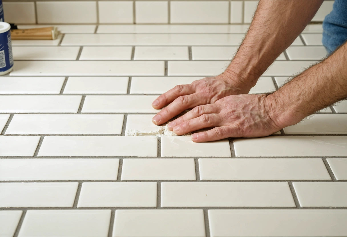 Hands placing tile spacers between backsplash tiles, neat grout lines, clean workspace, macro view