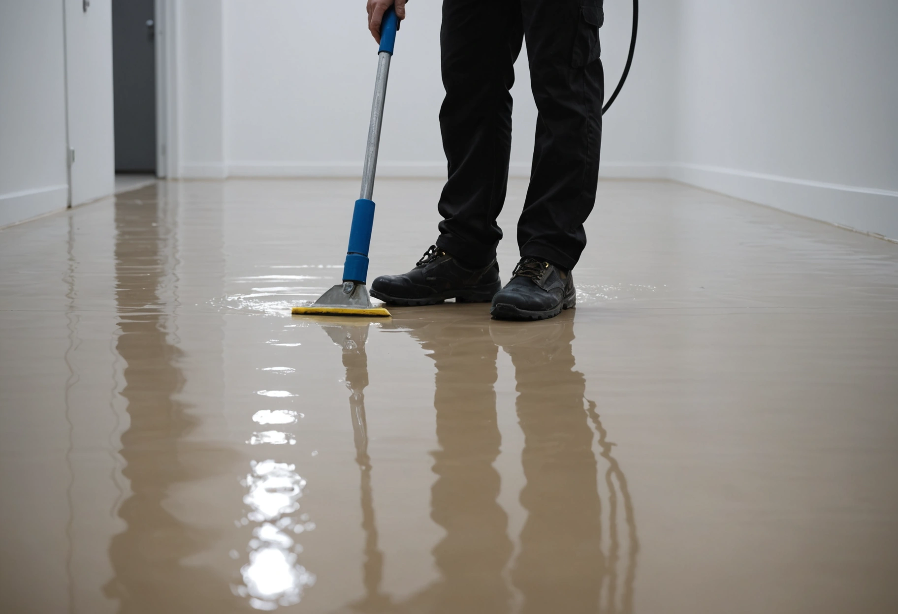 Technician applying glossy protective sealant to high-traffic floor in a modern apartment