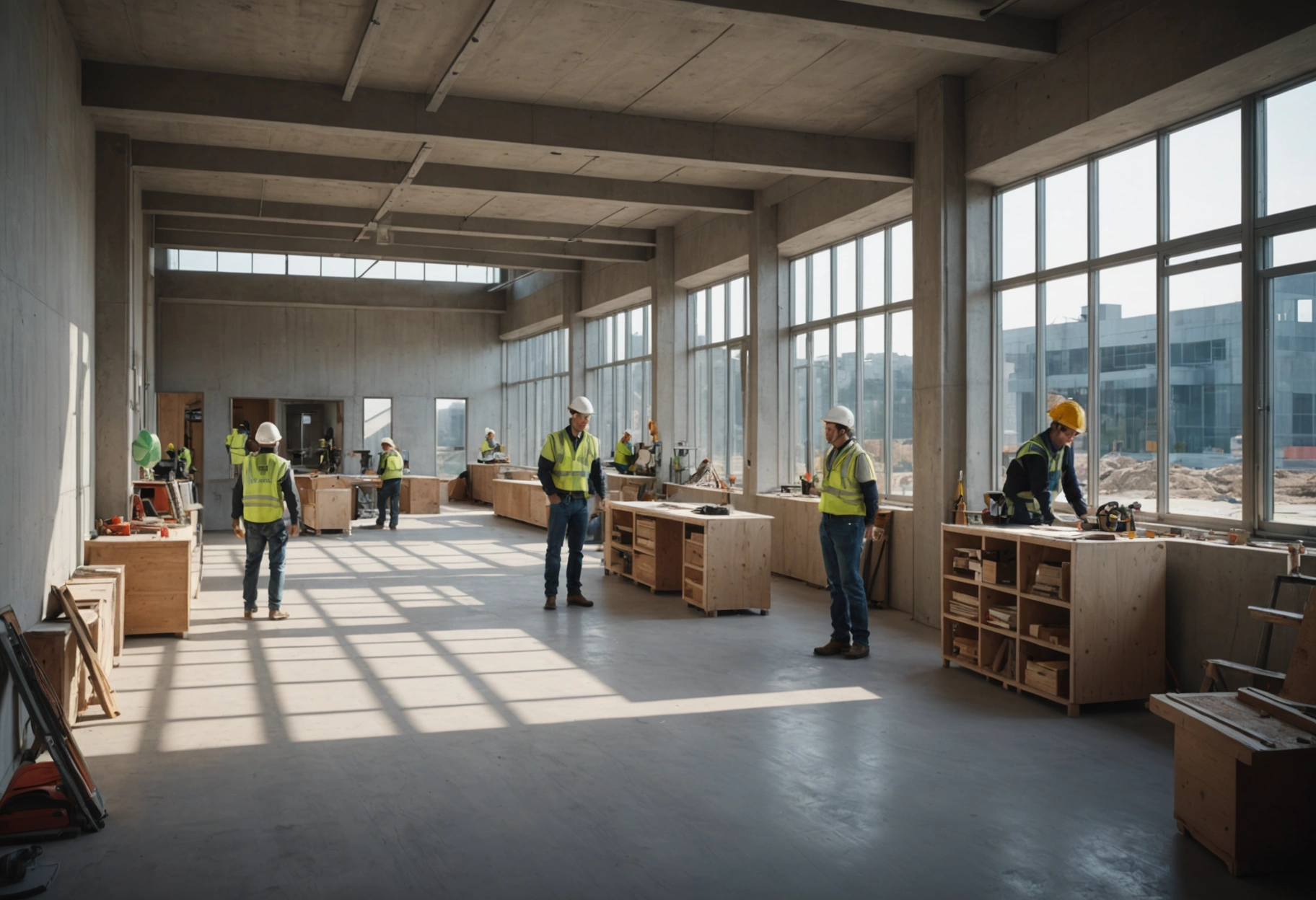 Modern construction site with tradespeople, advanced equipment, and eco-friendly materials