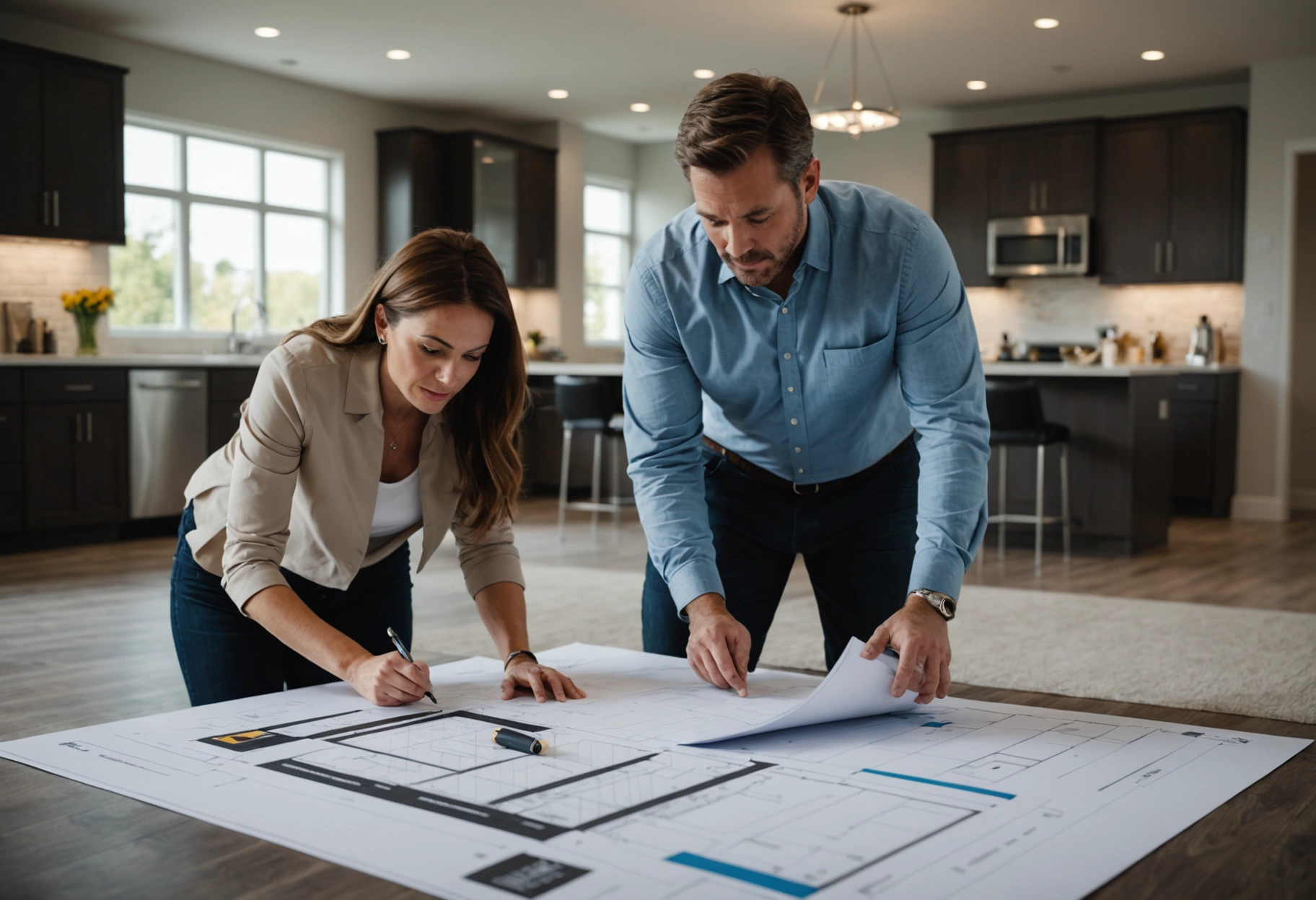 Flooring specialist and client reviewing plans in a modern interior