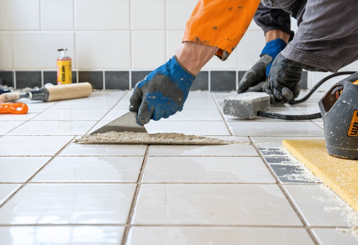 Installer spreading adhesive with notched trowel on wall before tile placement, side perspective