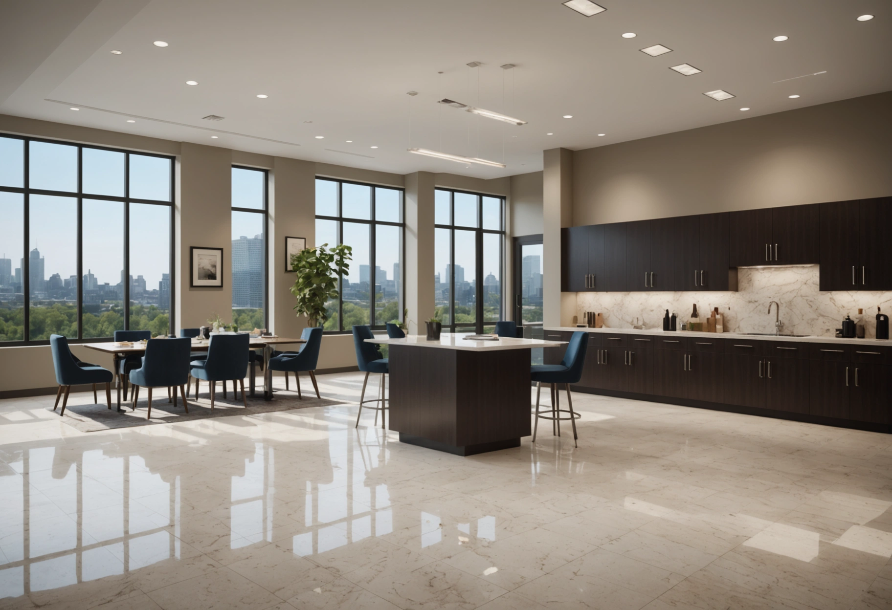 Professional property management scene with polished surfaces and maintenance cues