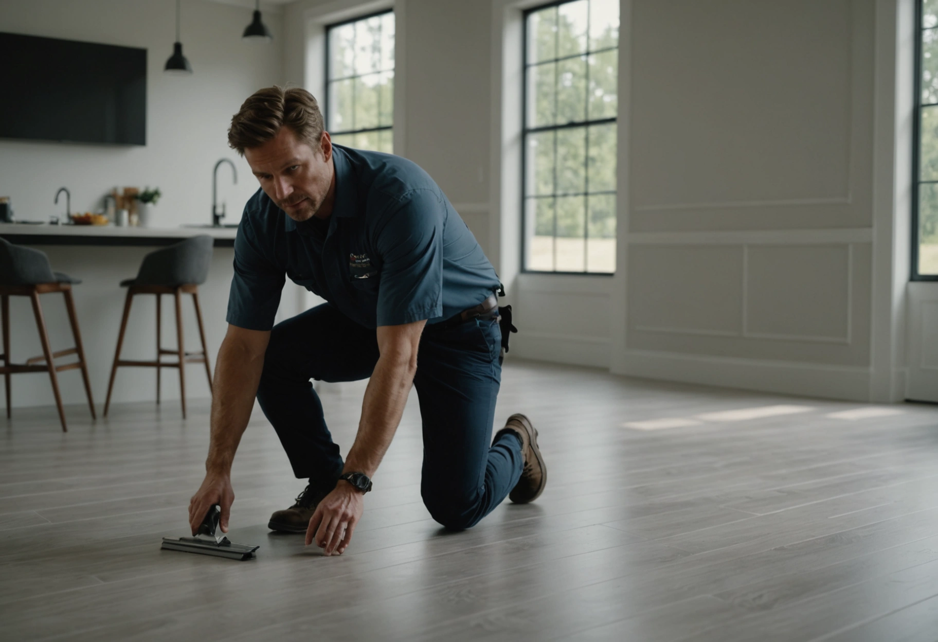 Flooring specialist conducting post-installation walkthrough with client in a pristine, modern space