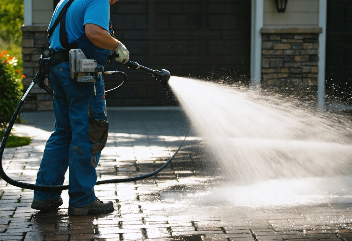 Professional cleaning paver driveway with pressure washer, wearing safety gear, water spray visible