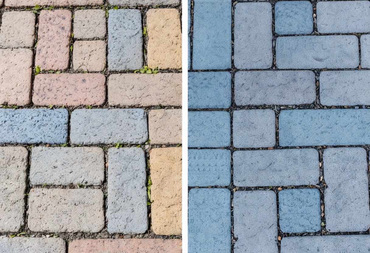 Side-by-side comparison of paver cleaning mistakes including erosion, missing sand, fading, and stains