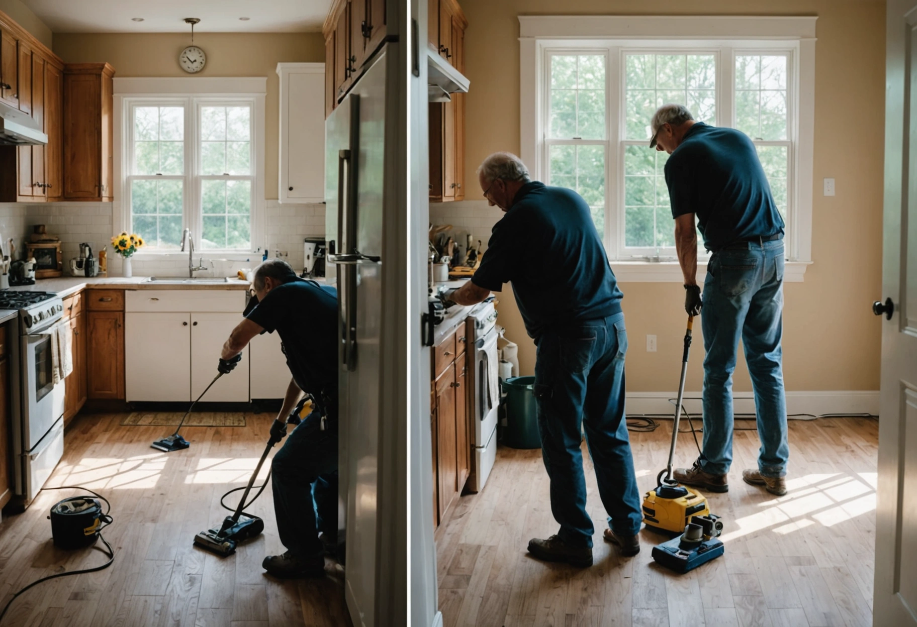 Homeowner using basic tools contrasted with professionals using advanced equipment for superior surface care