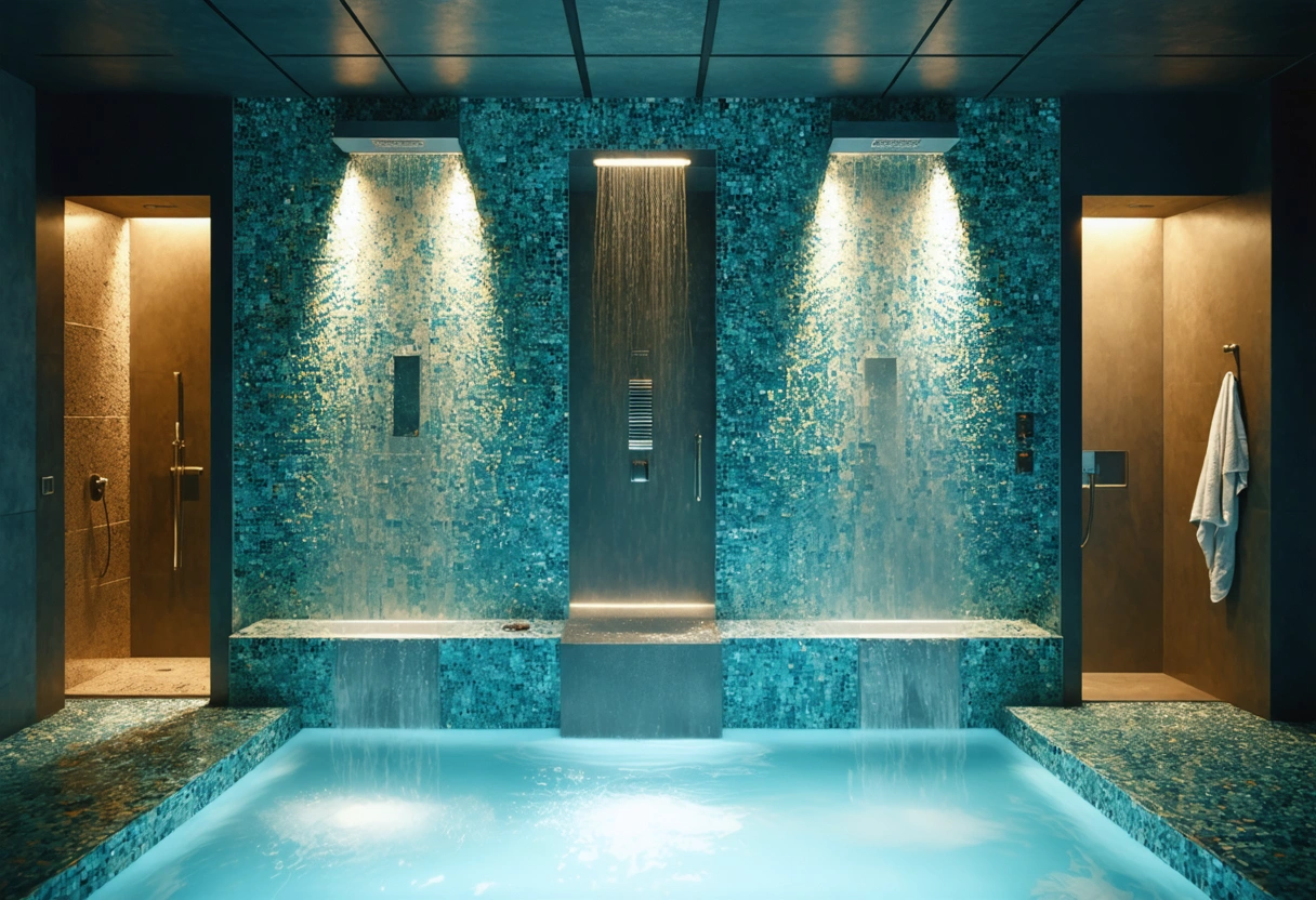 Three different showers—mosaic, fiberglass, luxury walk-in—receiving expert personalized repairs