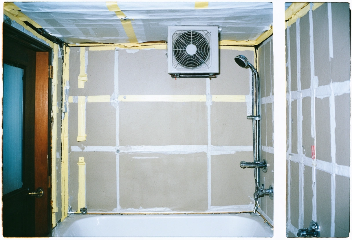 Bathroom renovation showing waterproofing membrane and ventilation fan above new shower