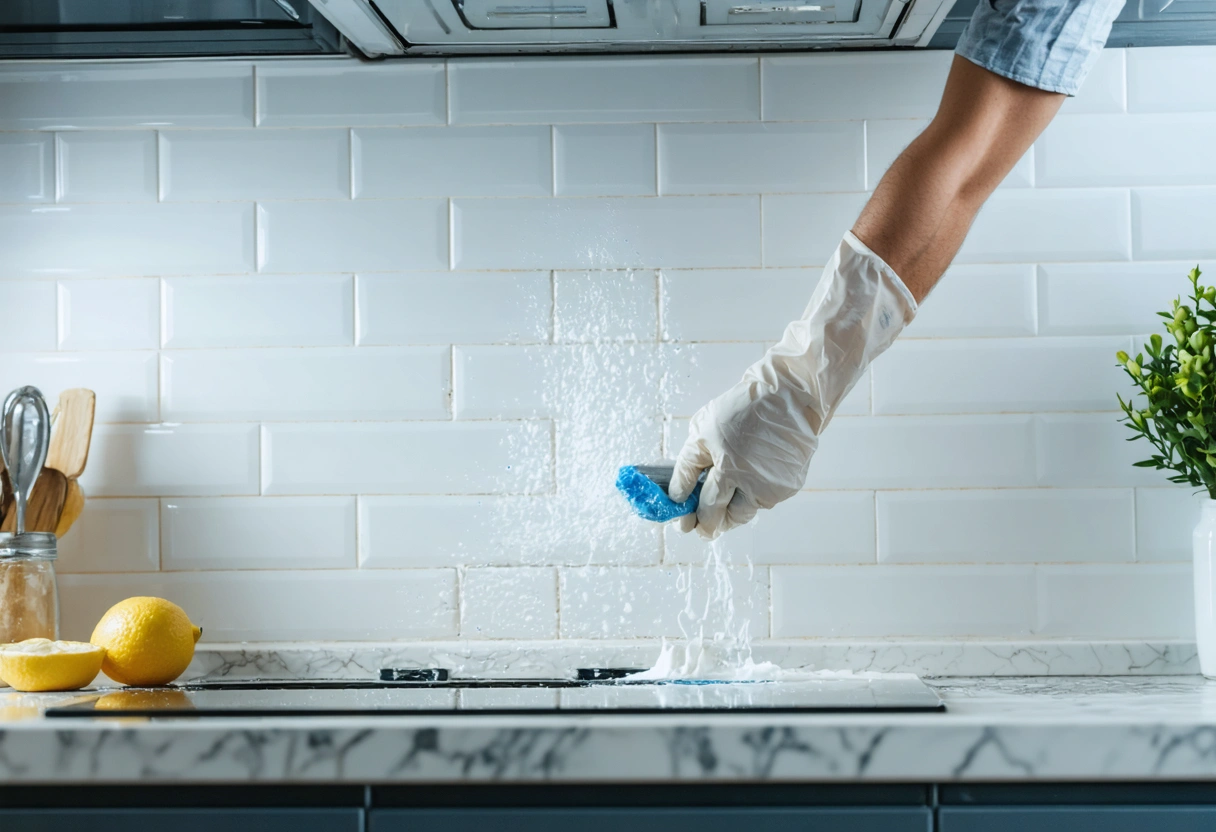 Gloved hands scrubbing clean kitchen backsplash, focus on grout lines and sparkling tiles