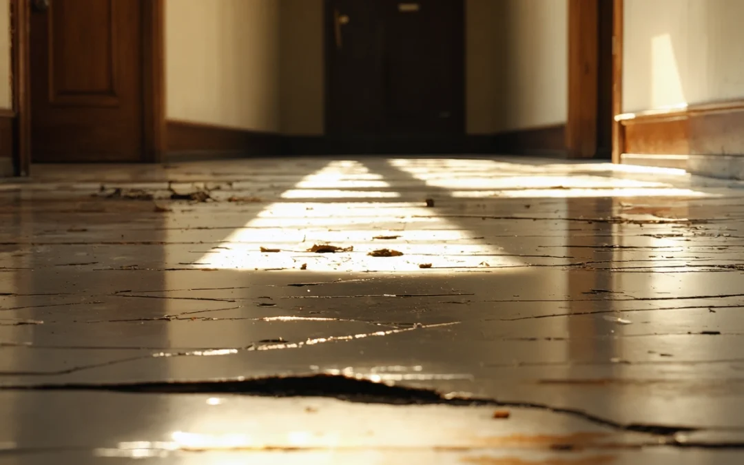 Cracked, stained hallway floor with dust, highlighting safety hazards and poor aesthetics.
