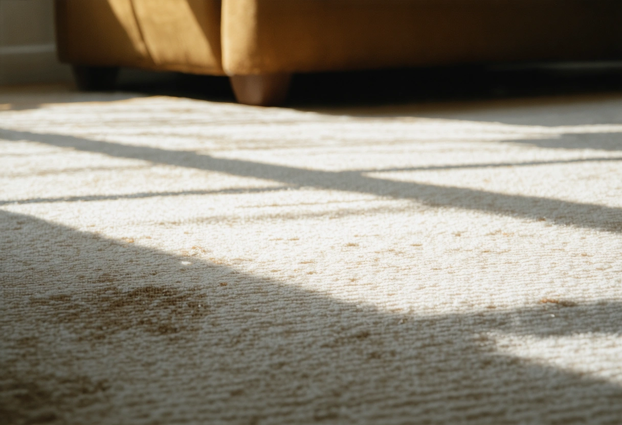 Close-up of frayed, stained carpet in family room with dust particles highlighted by sunlight