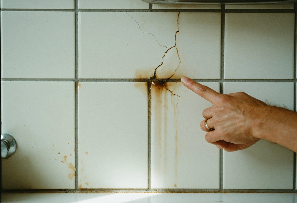 Close-up of kitchen backsplash with water stains, cracked tiles, missing grout, hand pointing