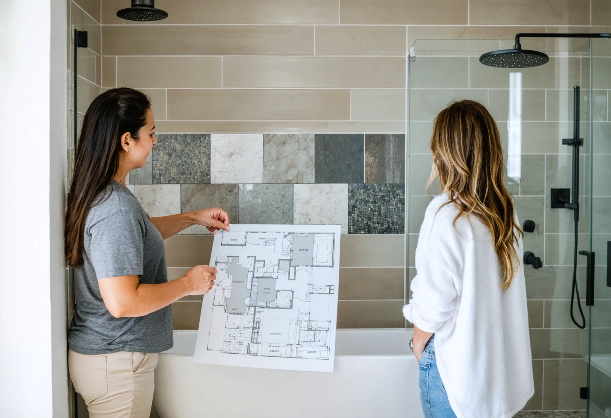 Designer and homeowner discuss shower tile samples and layout plans in a bright bathroom
