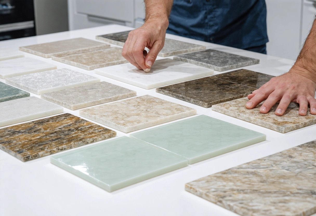 Various backsplash tile samples—ceramic, glass, stone—arranged on table, hands selecting tile