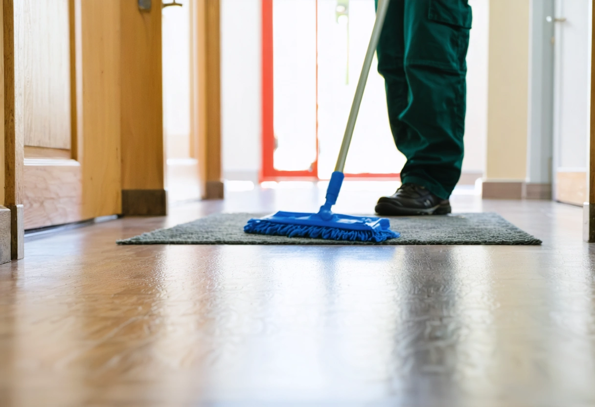 Hallway with laminate flooring, entryway rug, and person wiping up a spill in bright daylight