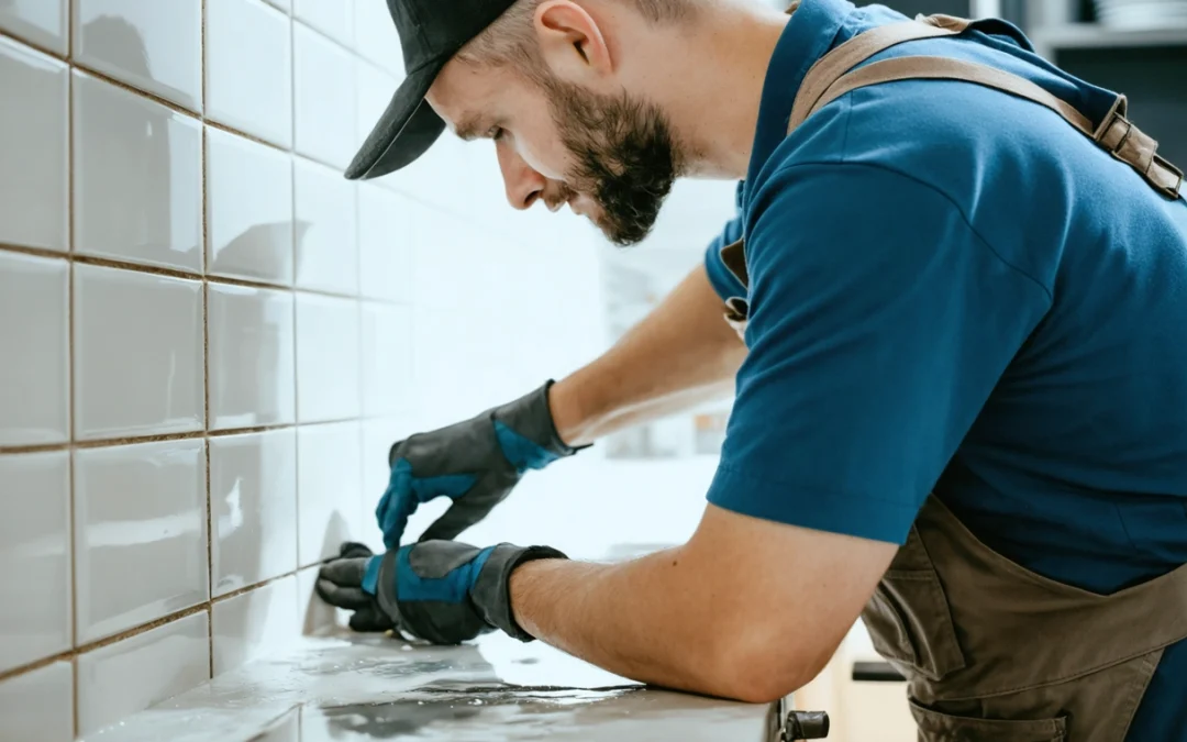 Professional repairing modern kitchen backsplash tiles, close-up, bright and clean home interior.