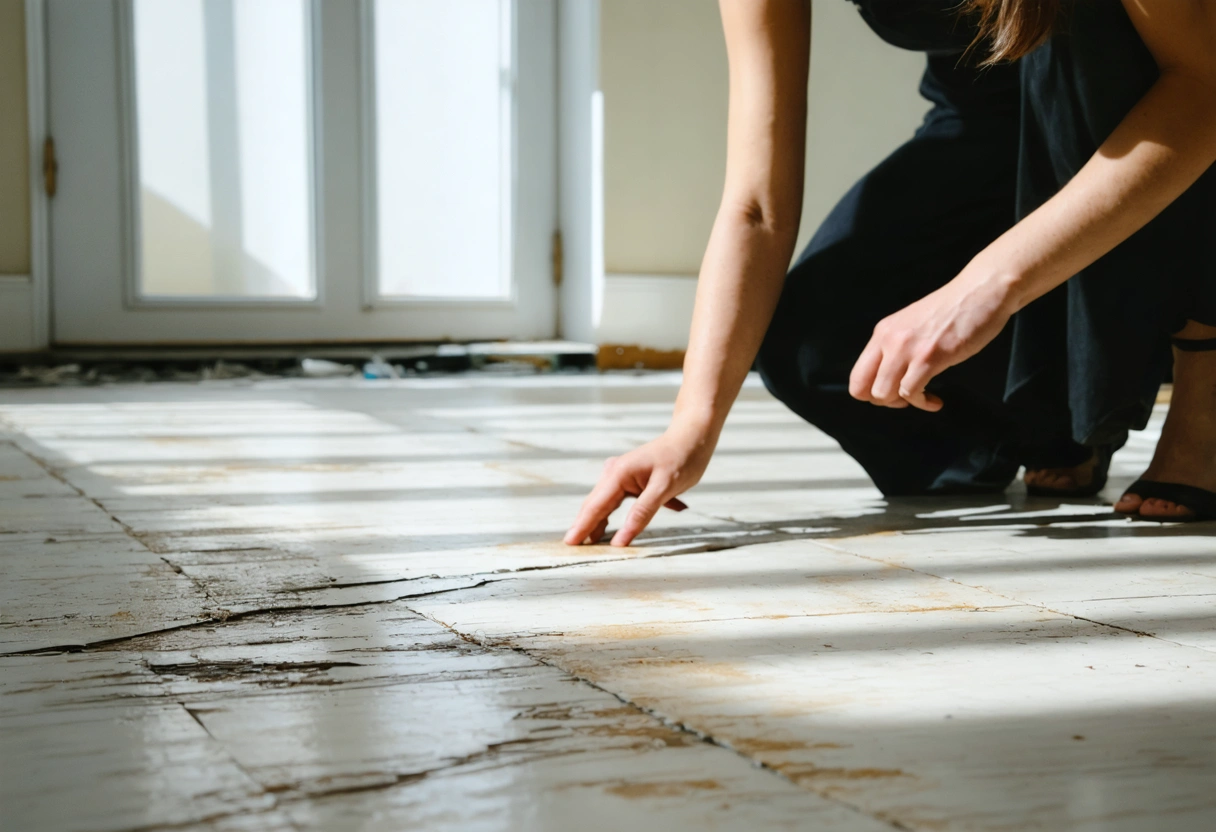Person examining worn, cracked, and stained flooring in a well-lit room, considering replacement