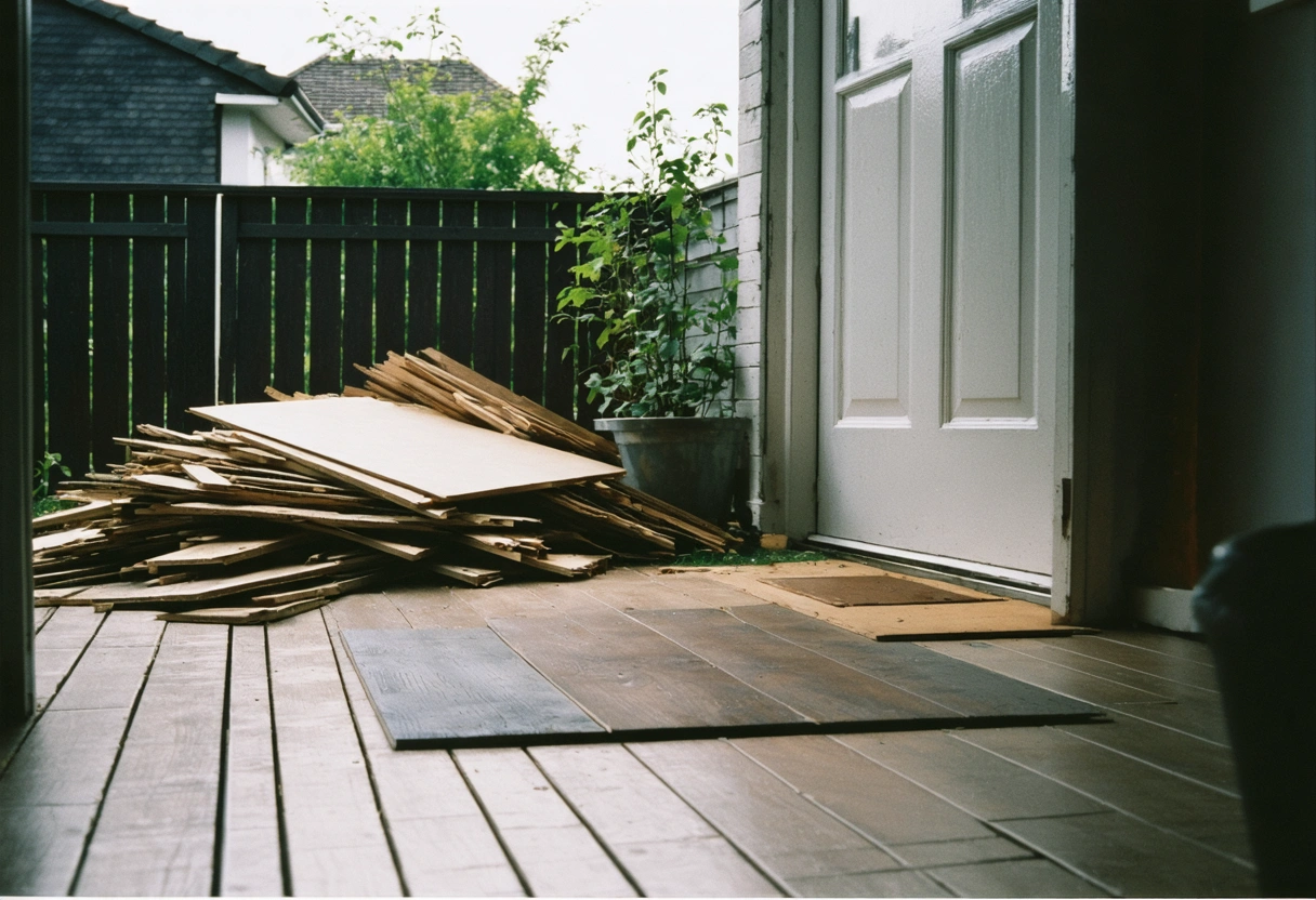 Discarded flooring materials outside contrasted with pristine indoor floor, emphasizing sustainability and responsibility