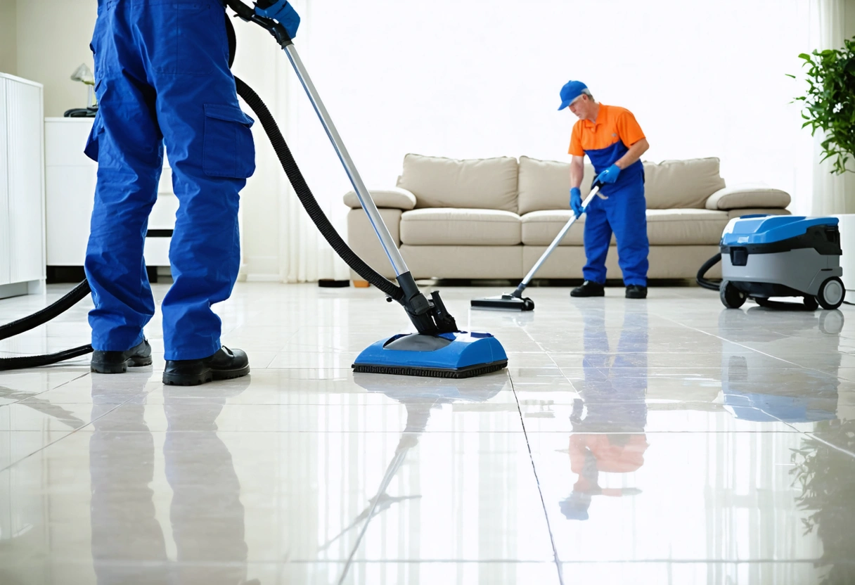 Professional cleaners using advanced tools on large tiled floor, homeowner watching with relief