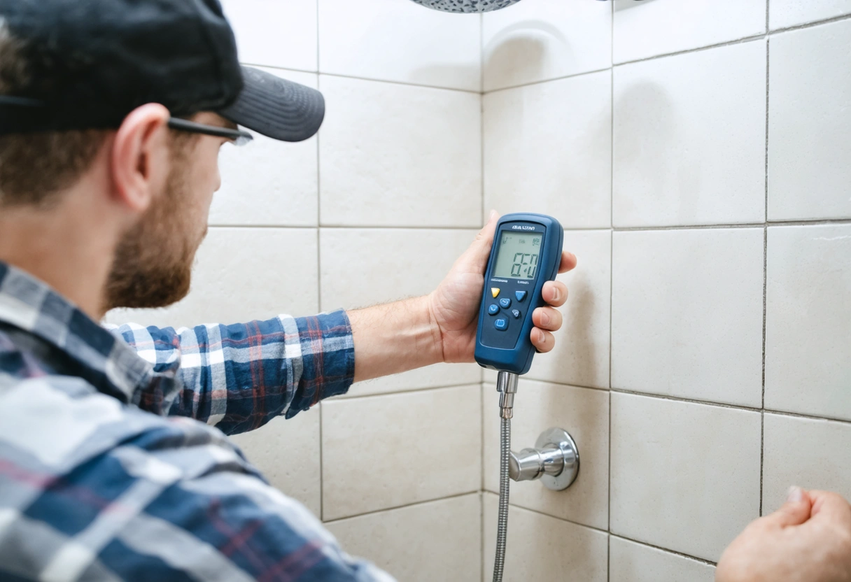 Technician inspects waterproofed shower wall with moisture meter in a clean, modern bathroom