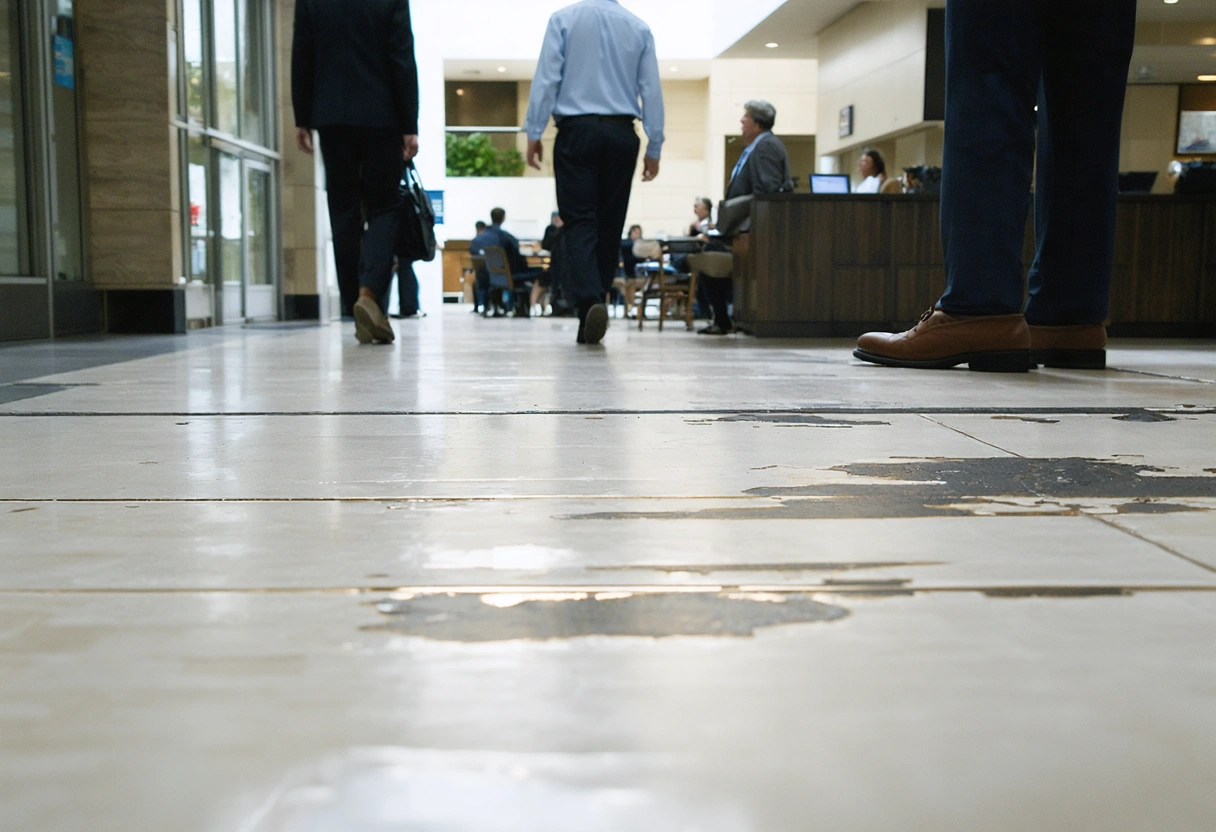 Property manager overlooking scuffed office lobby floor as people walk by, gradual damage visible