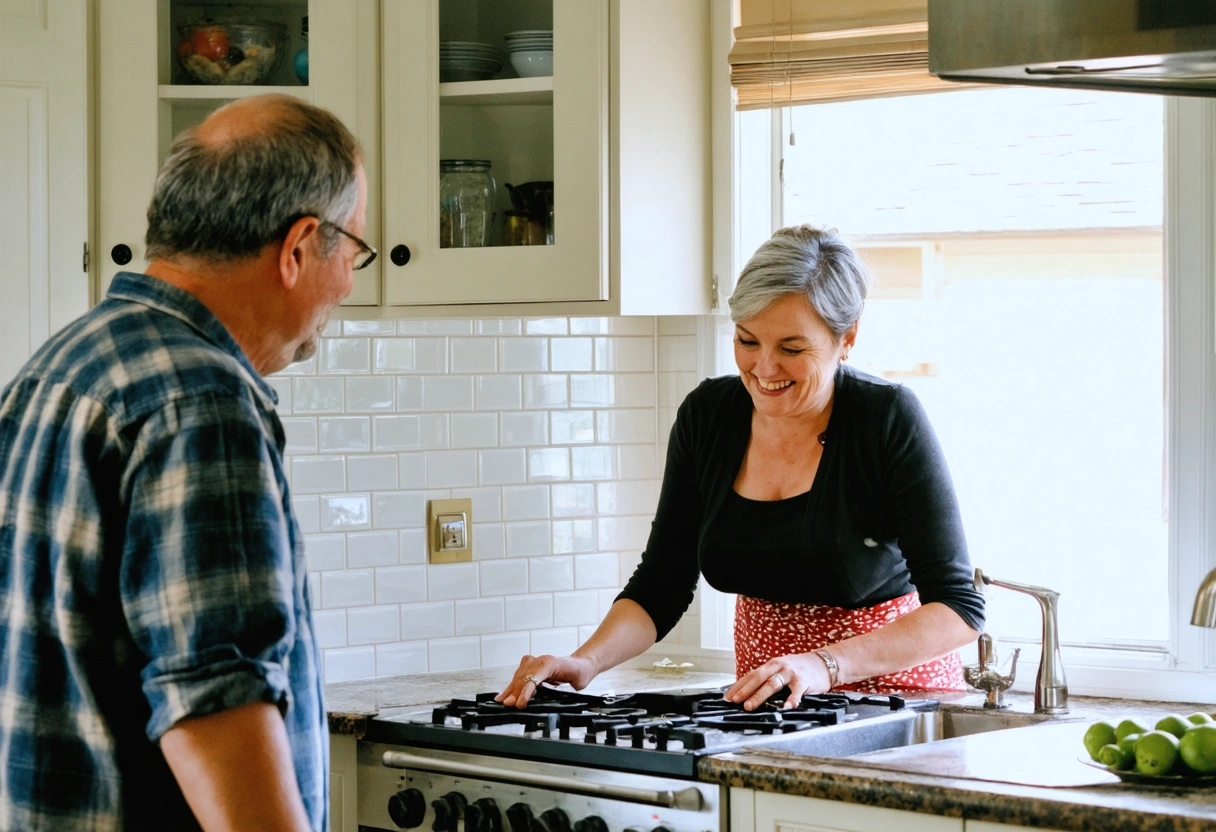 Real estate agent and homeowner smiling, reviewing freshly repaired kitchen backsplash, bright lighting