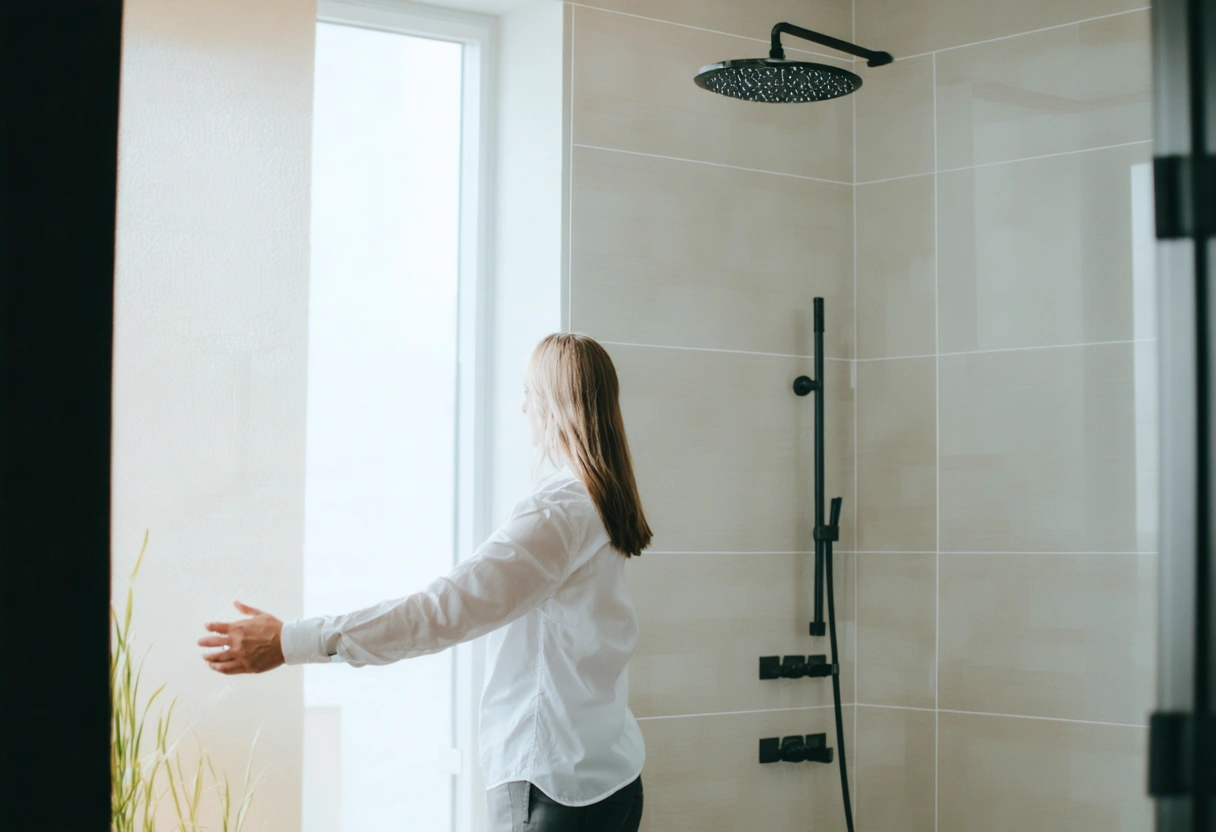 Real estate agent shows buyer a luxurious, professionally installed shower in a sunlit bathroom