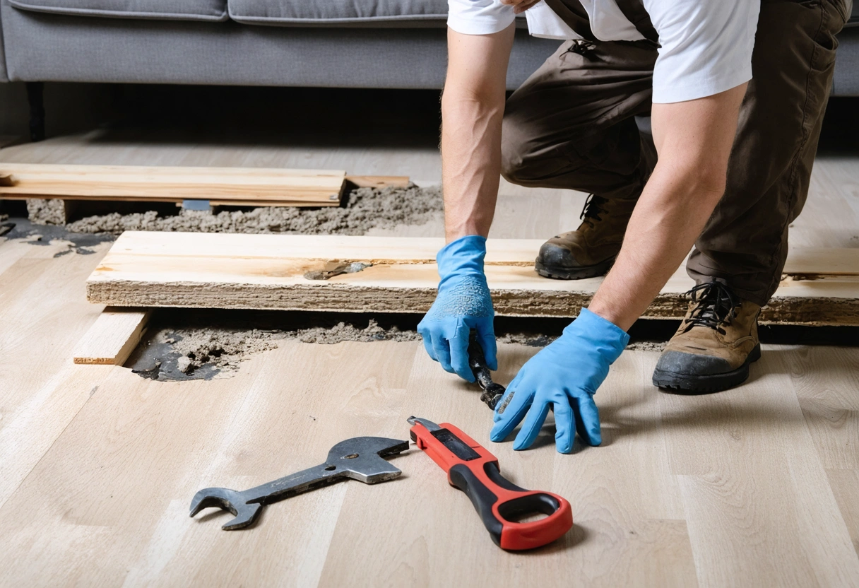 Repair technician inspecting water-damaged floorboards with visible mold, rot, and expensive tools nearby
