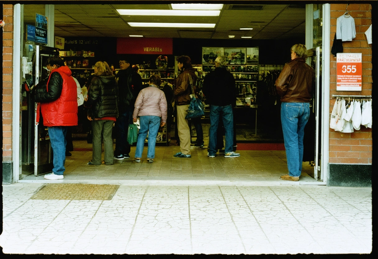 Retail store entrance with customers stepping on cracked tiles, disappointed expressions, neglected appearance