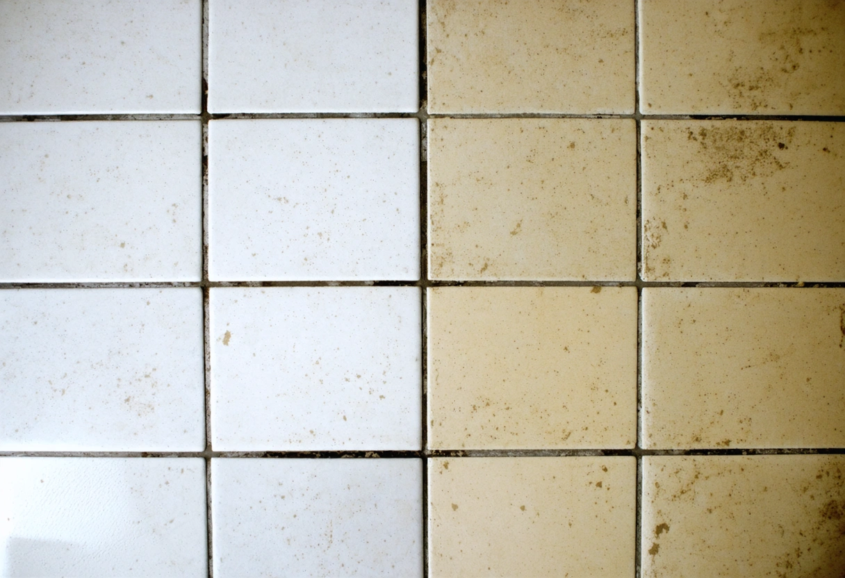 Tiled floor split between clean bright grout and dirty discolored grout, overhead view