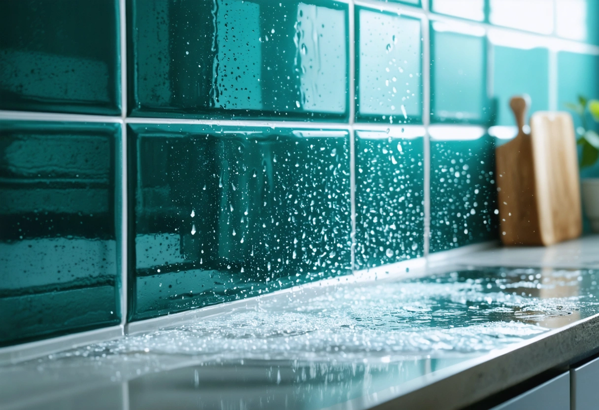 Sparkling clean kitchen backsplash with water beading, easy to maintain and hygienic