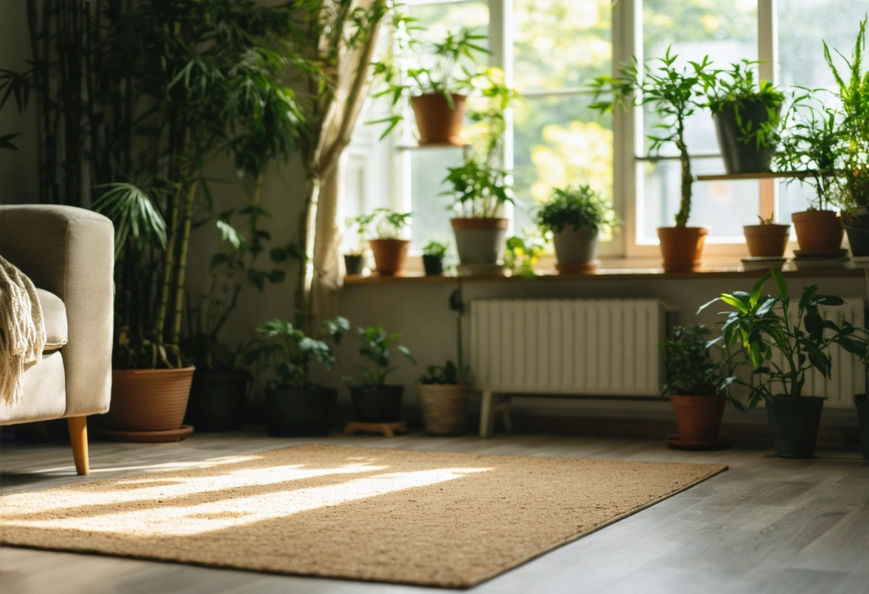 Eco-friendly living room with bamboo flooring, cork rug, potted plants, and natural sunlight