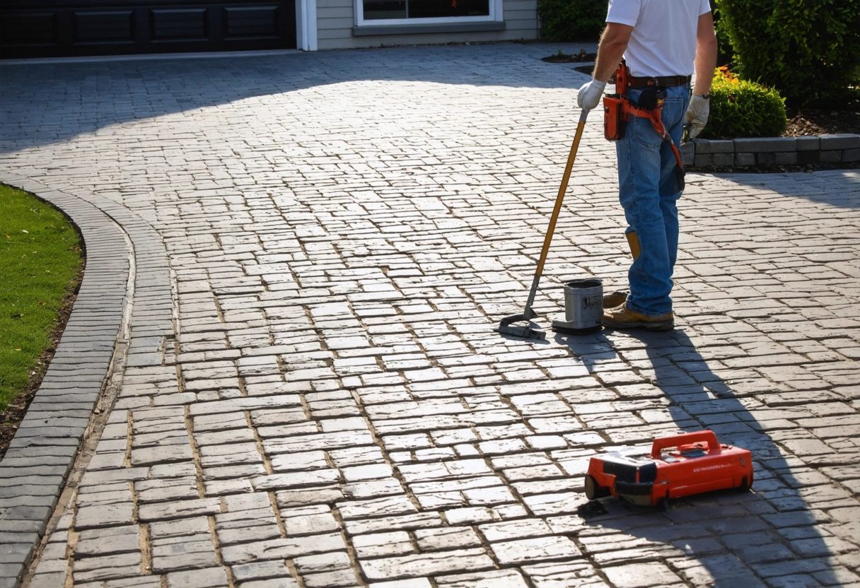 Technician inspecting clean paver driveway with crisp joints, tools organized, late afternoon light