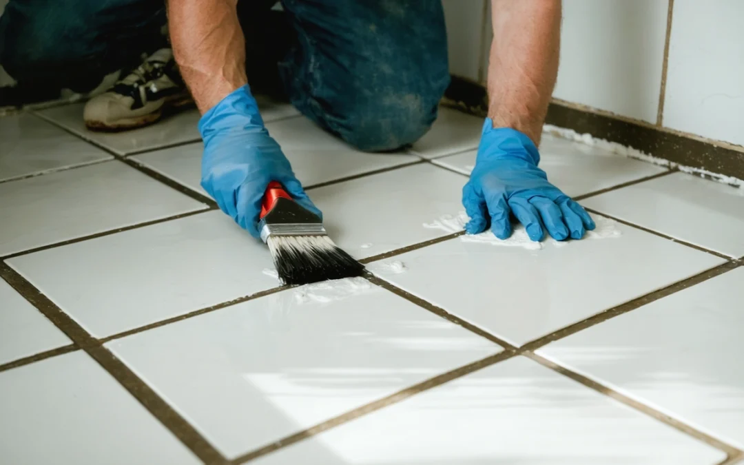 Professional sealing grout lines on bathroom floor tiles with brush, enhancing property value.