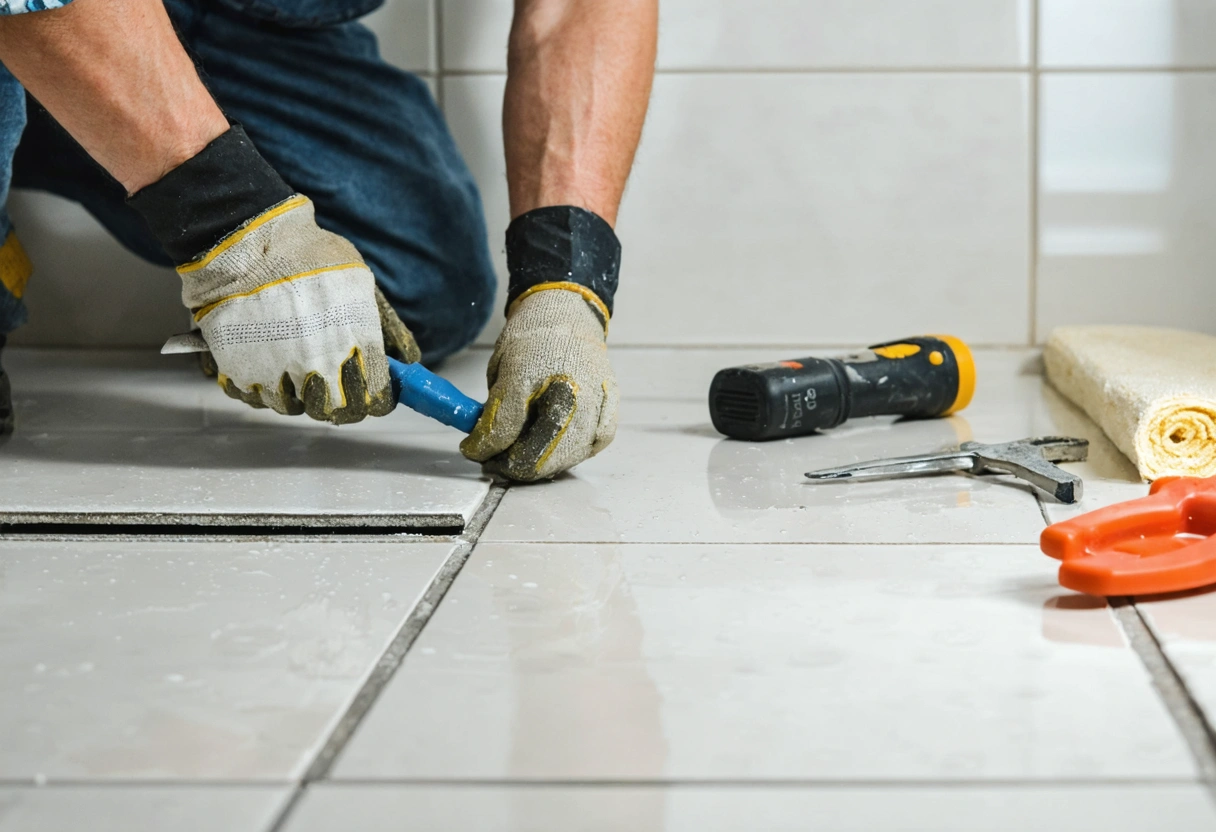 Professional installer aligns shower tiles and seals joints with tools neatly arranged nearby
