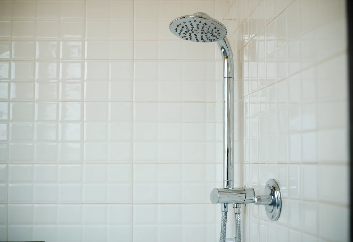 Close-up of pristine shower and backsplash tiles in a bright, welcoming rental bathroom