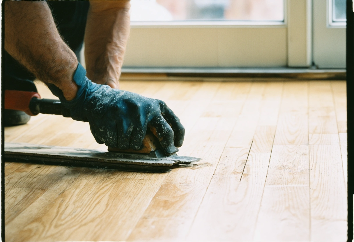 Hands sanding hardwood floor, revealing smooth wood grain in natural light, showcasing craftsmanship