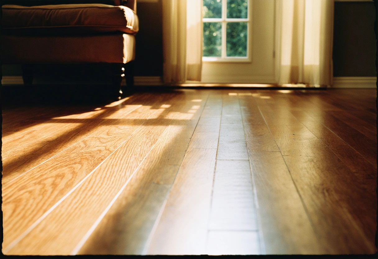 Close-up of polished hardwood floor with visible wood grain, warm sunlight, and subtle furniture legs