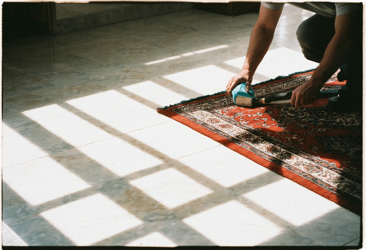 Angled view of stone floor in foyer, person applying sealant, area rug and natural light present
