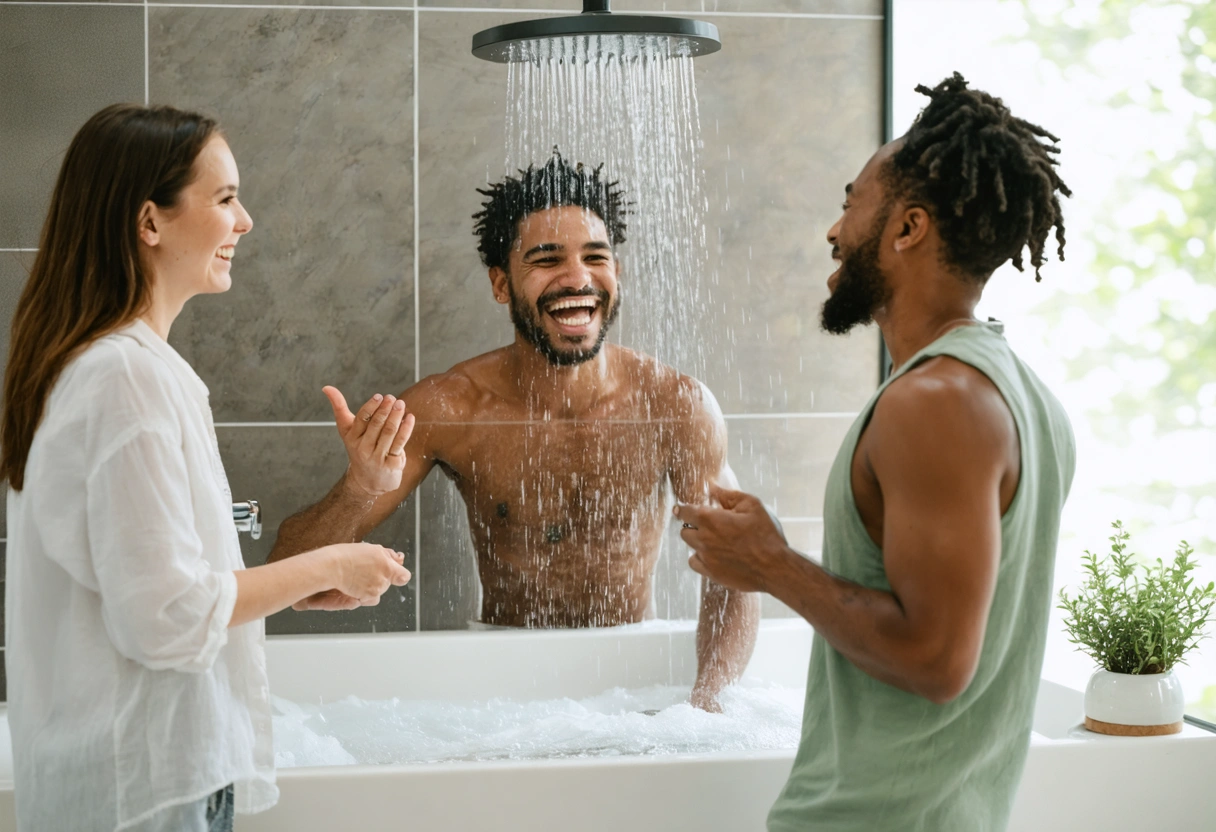 Smiling vacation rental guests admiring a luxurious shower and backsplash, expressing satisfaction