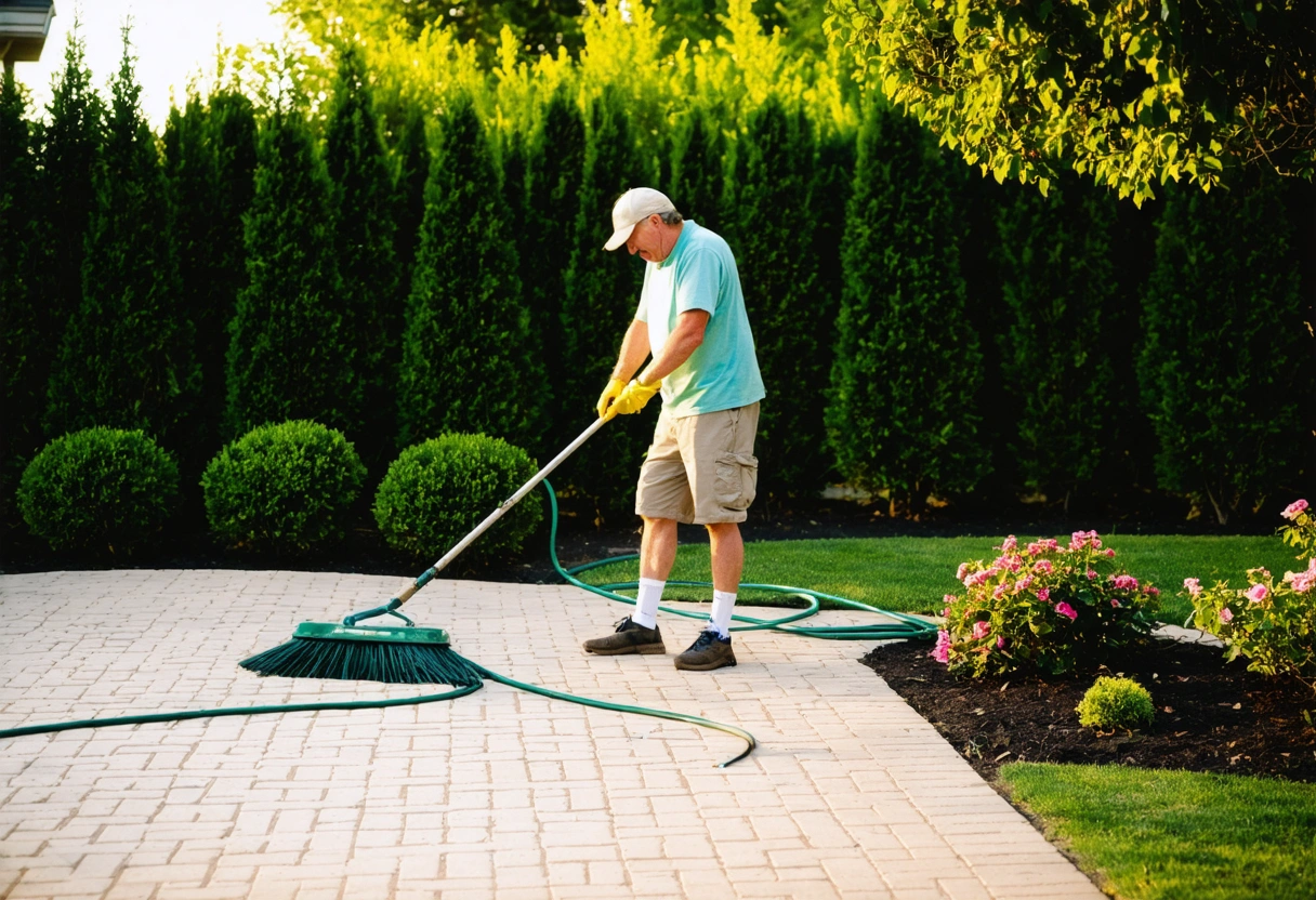 Homeowner sweeping clean paver patio, hose nearby, green shrubs, peaceful golden hour maintenance