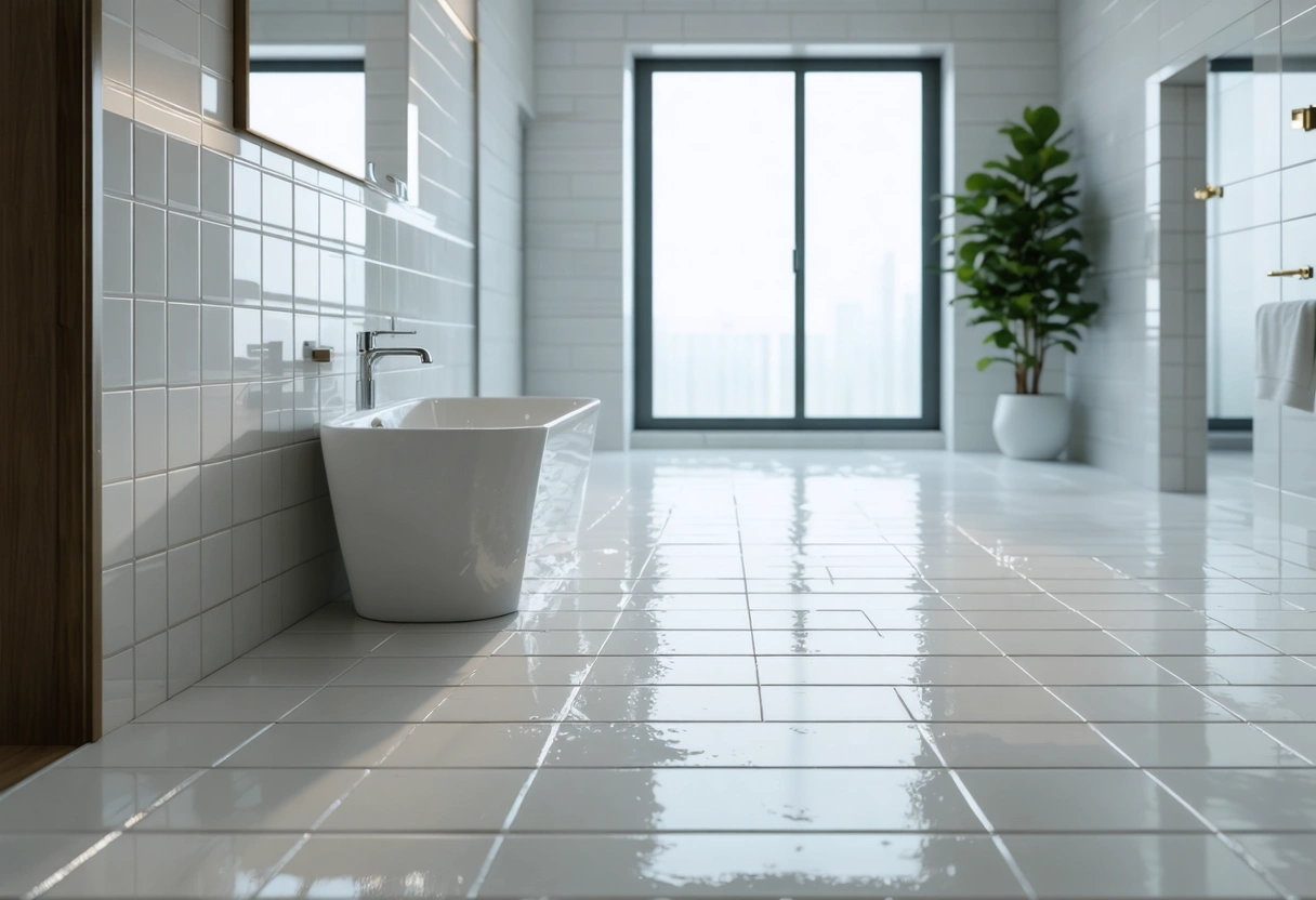 Close-up of hands applying sealant to bathroom tile grout with a small brush