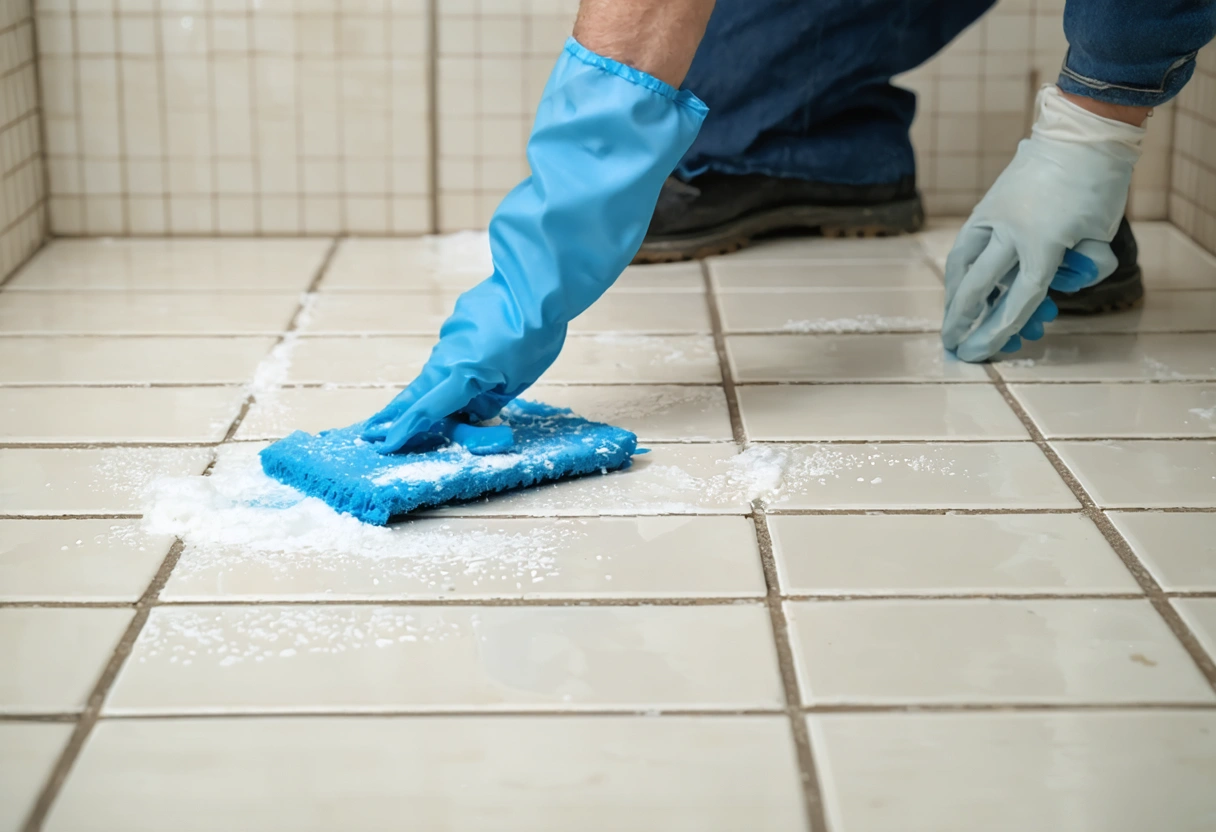 Professional cleaner inspecting tiled shower for grout maintenance and sealing quality