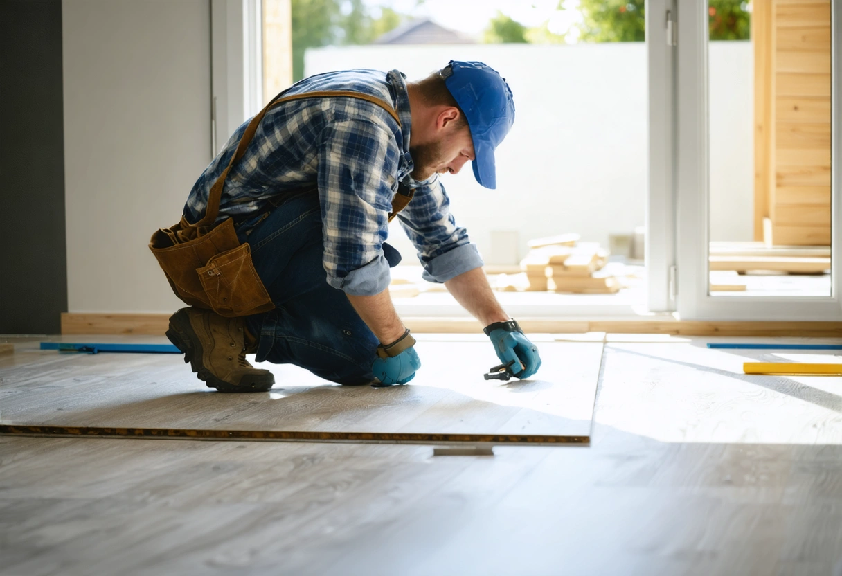 Installer aligning new floor with tool, sunlight streaming in, organized and professional workspace